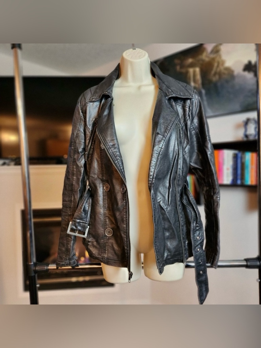 🛍️ $13 ADD-ON | Black & Silver Faux Leather Belted Button Zipper Jacket George - Picture 16 of 16